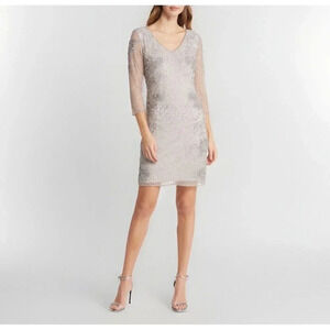 PISARRO NIGHTS BEADED V-NECK 3/4 SLEEVE SLATE COCKTAIL DRESS 18